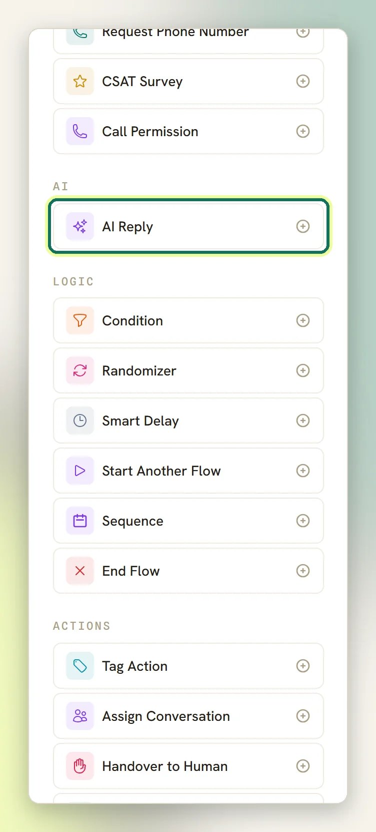 The Add a step palette with AI Reply highlighted in the AI group, above the Logic steps