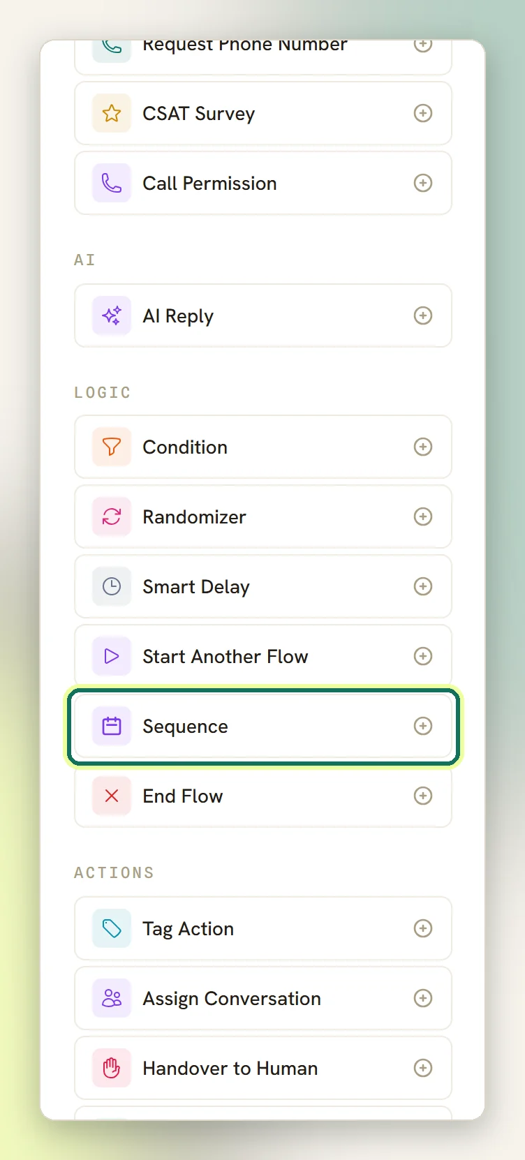 The Add a step palette with Sequence highlighted in the Logic group