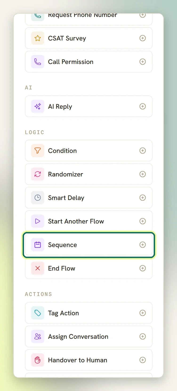 The Add a step palette with Sequence highlighted in the Logic group