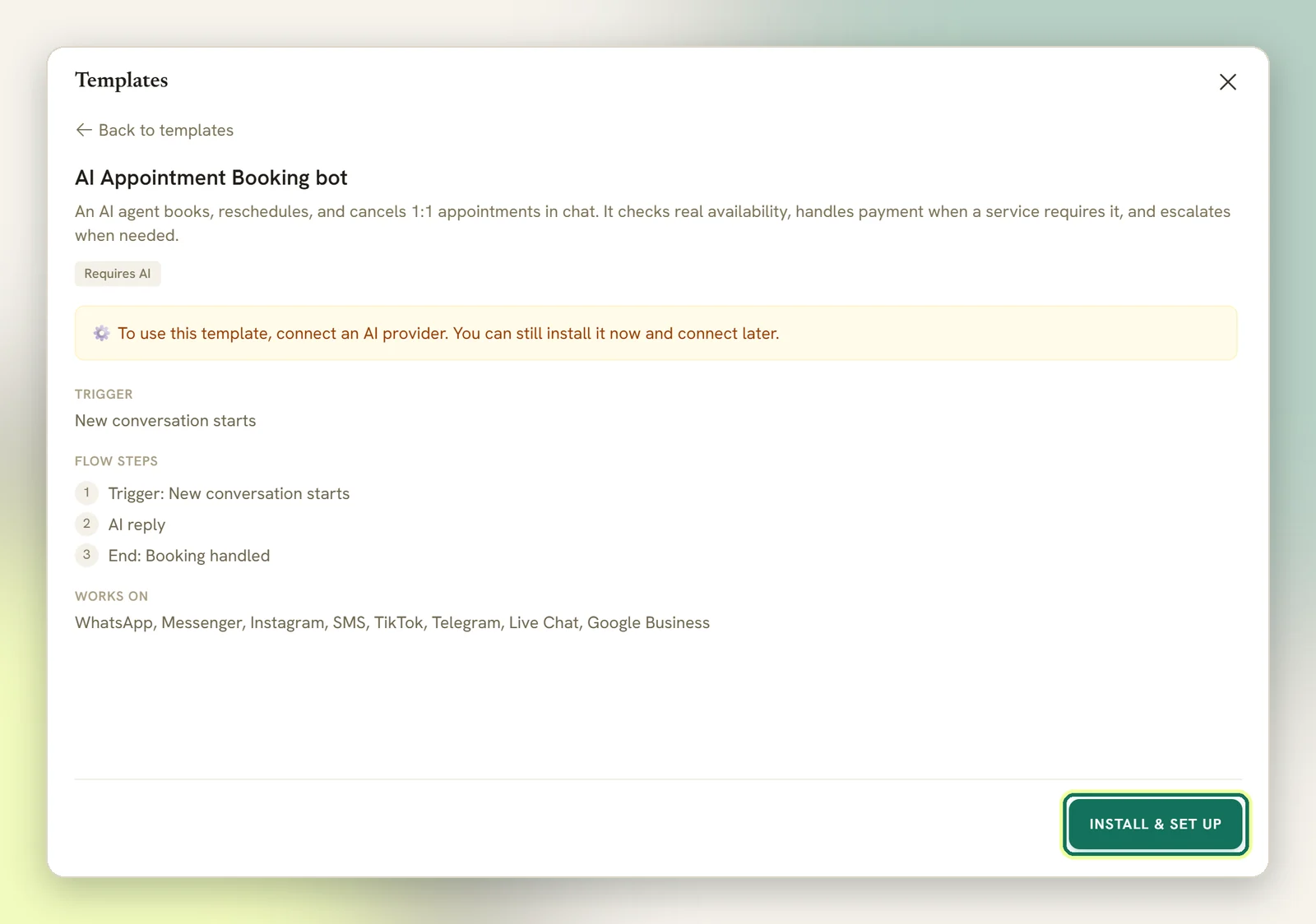 The preview of the AI Appointment Booking bot template showing its trigger, flow steps and channels, with the Install and set up button highlighted