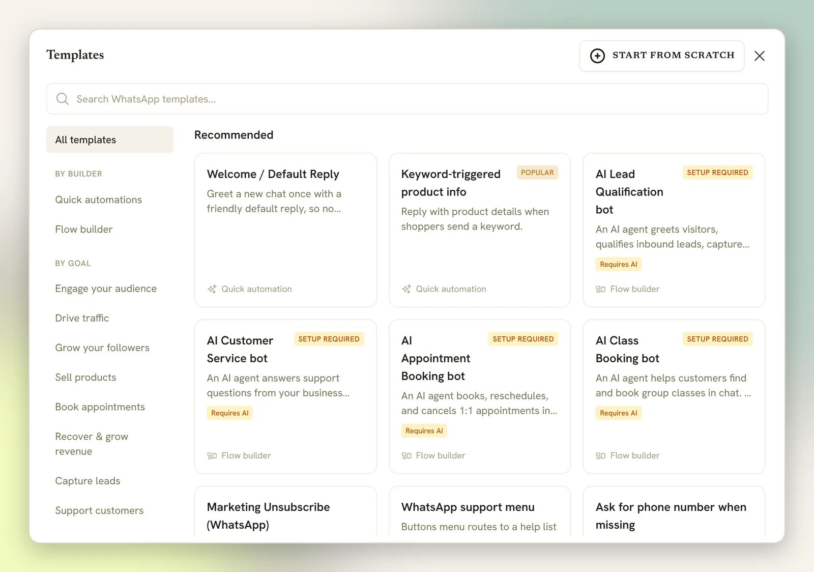 The Templates picker with goal filters on the left and Recommended template cards, some marked Setup required and Requires AI