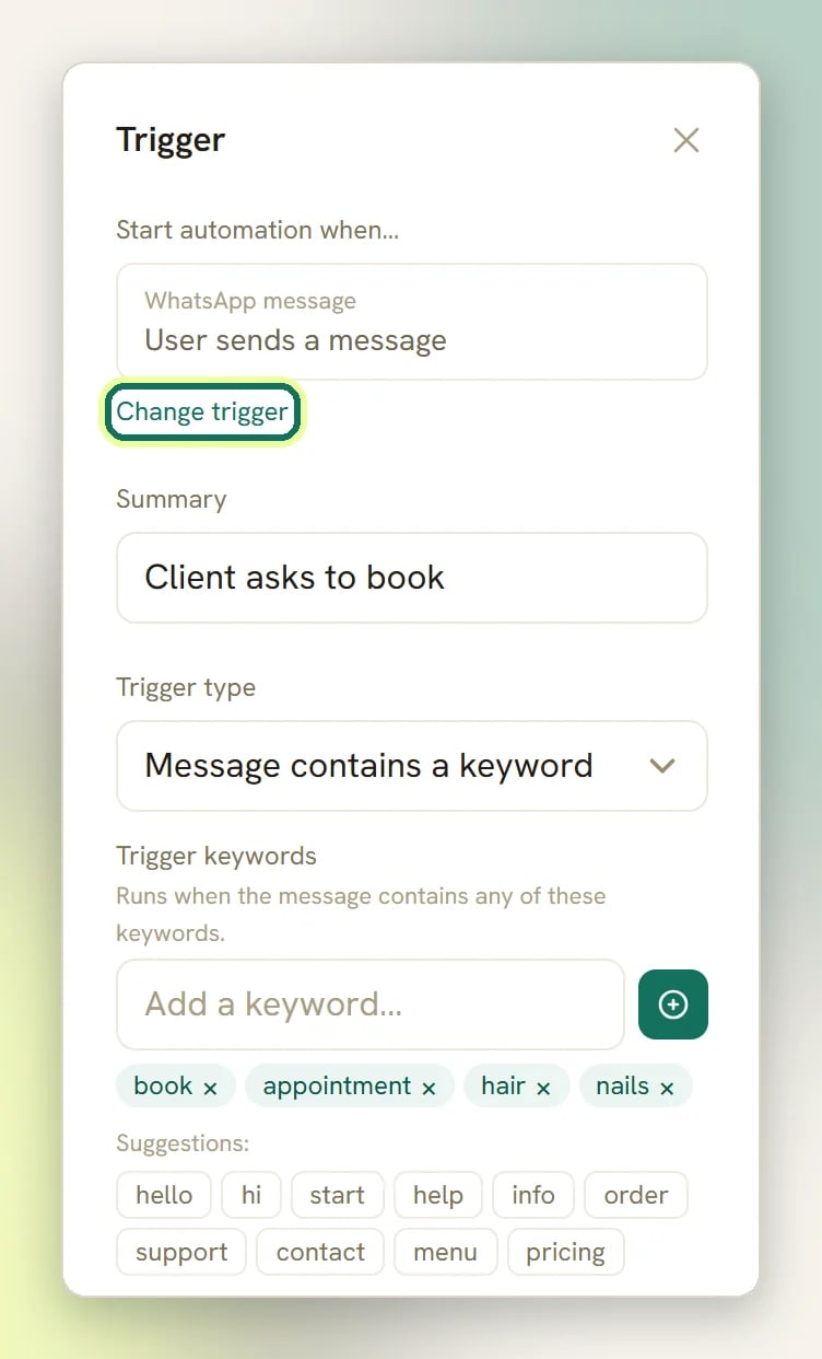 The Trigger panel in the flow builder showing the event, the summary, the keyword trigger type and the Change trigger link highlighted