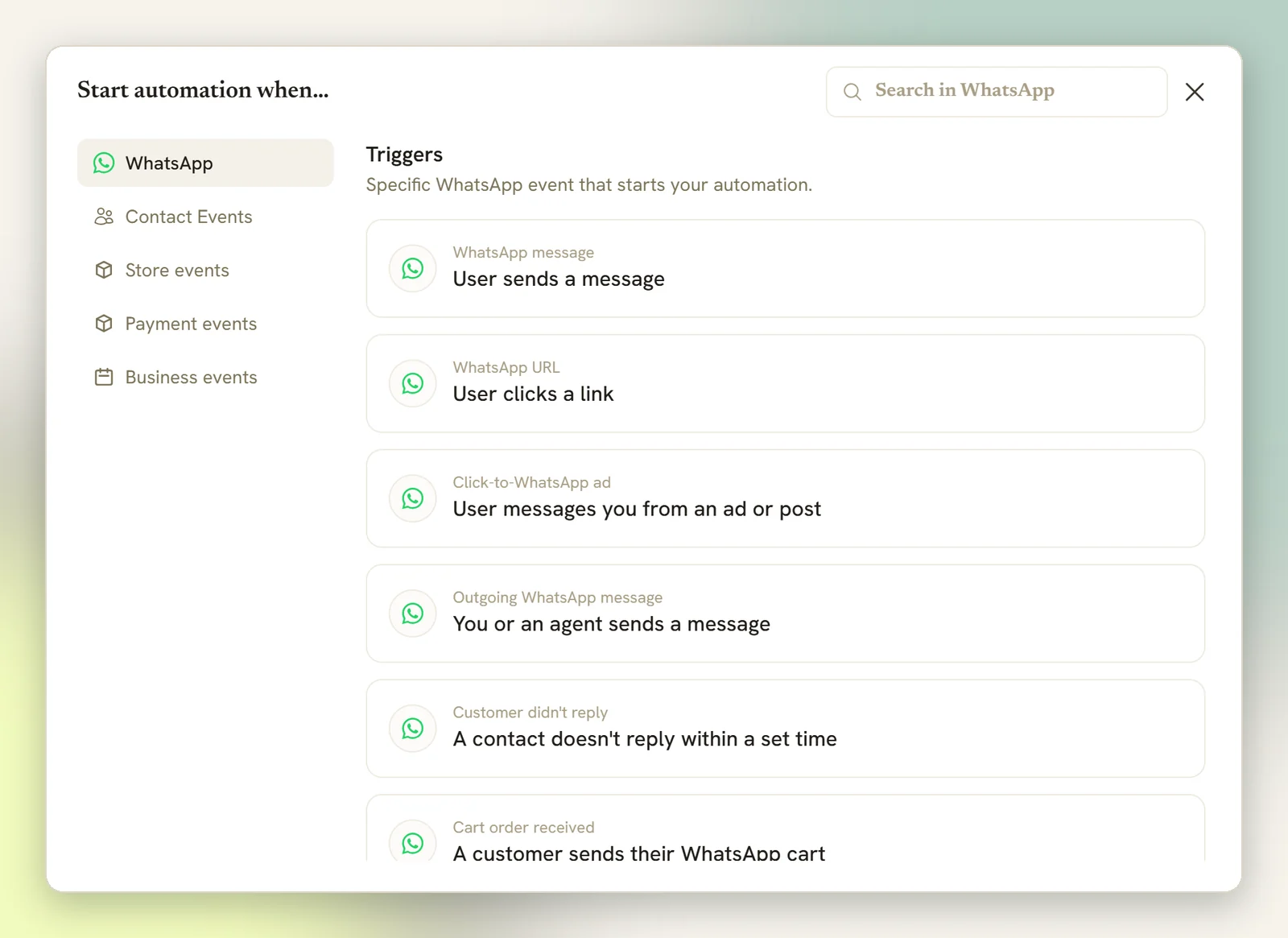 The Start automation when picker on a WhatsApp channel, with the WhatsApp tab listing User sends a message, User clicks a link, Click-to-WhatsApp ad and other triggers, and Contact, Store, Payment and Business event tabs on the left
