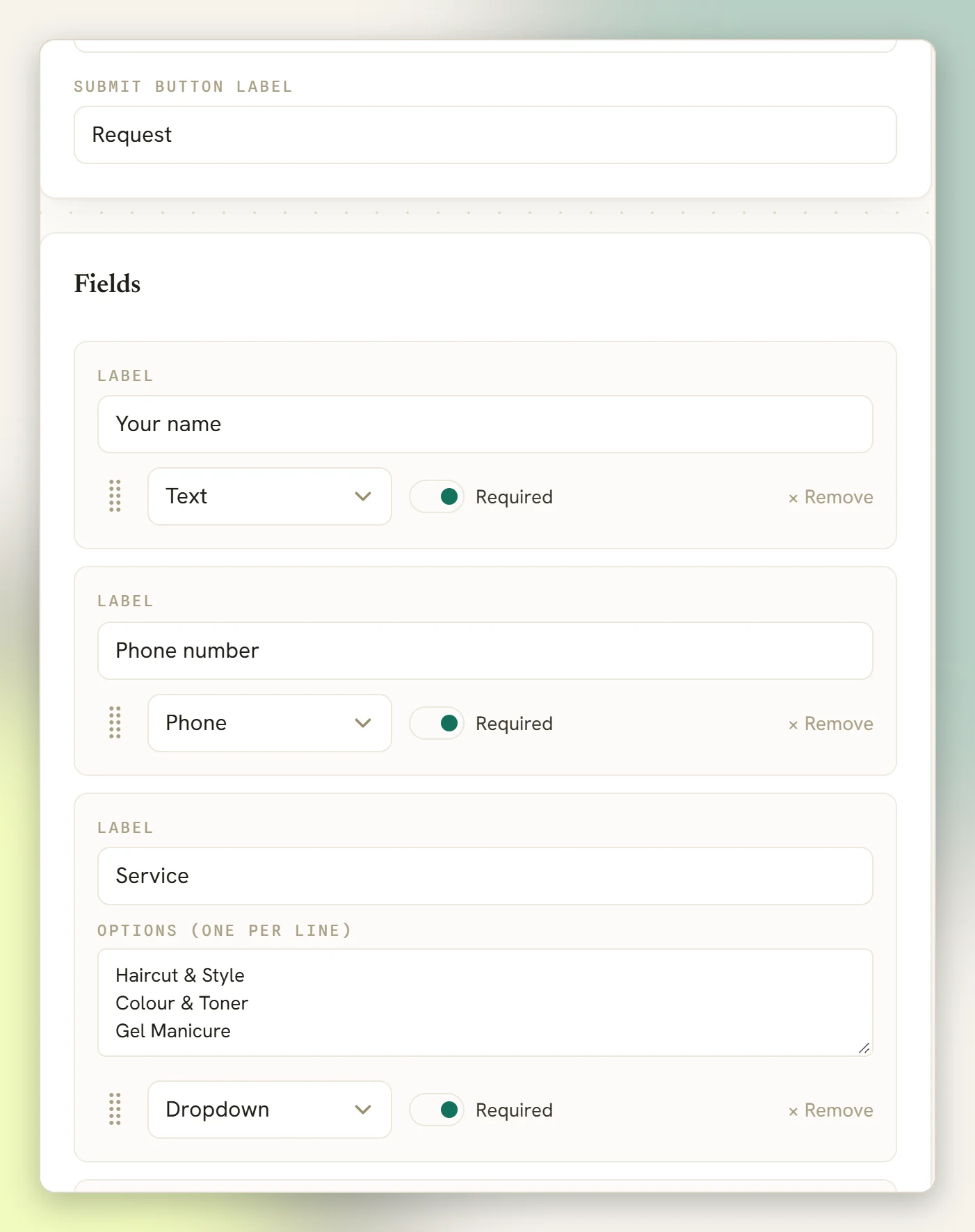 The form editor fields: Your name as text, Phone number as phone and Service as a dropdown with its options, each marked Required