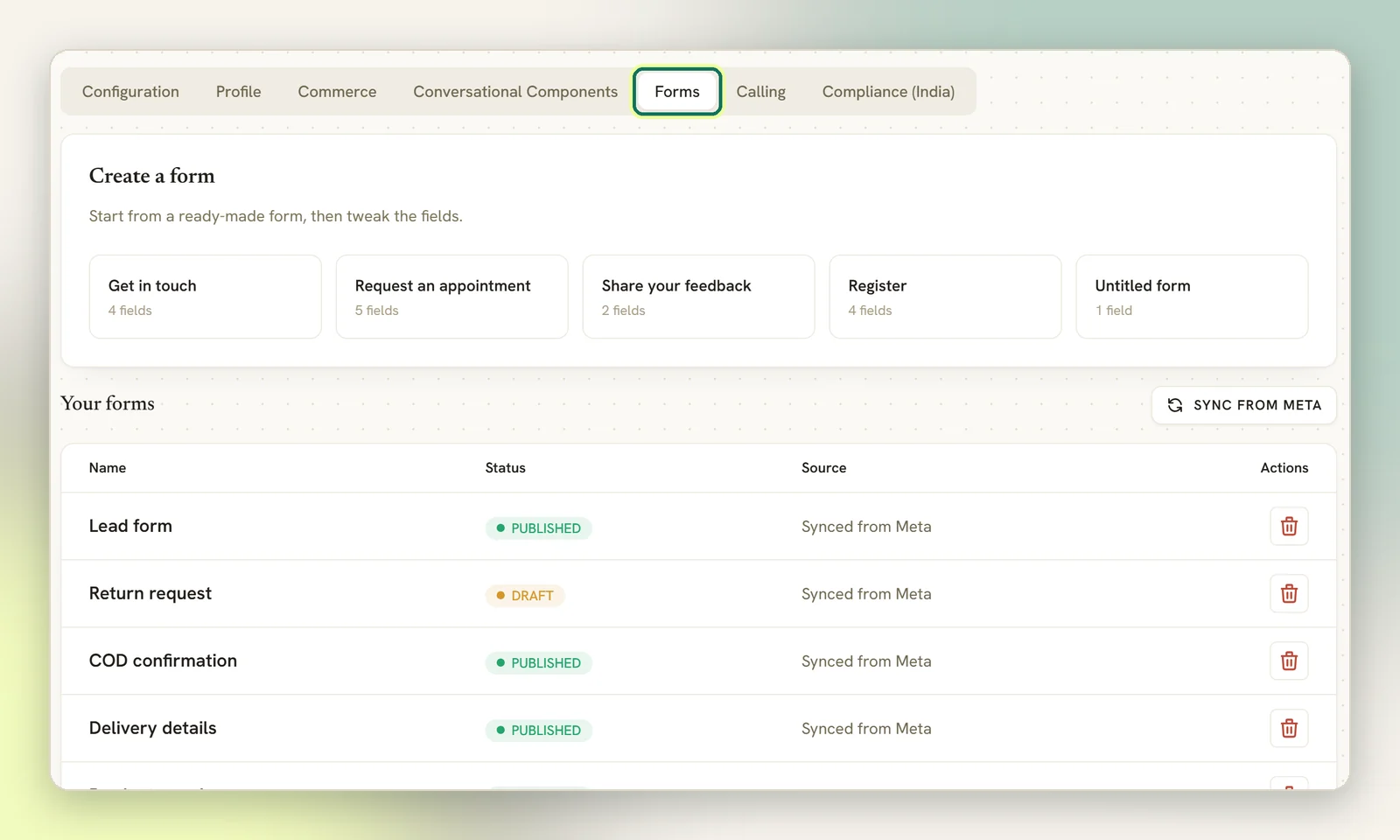 The Forms tab with the Create a form starting points and the Your forms list with status and source, and the Forms tab highlighted