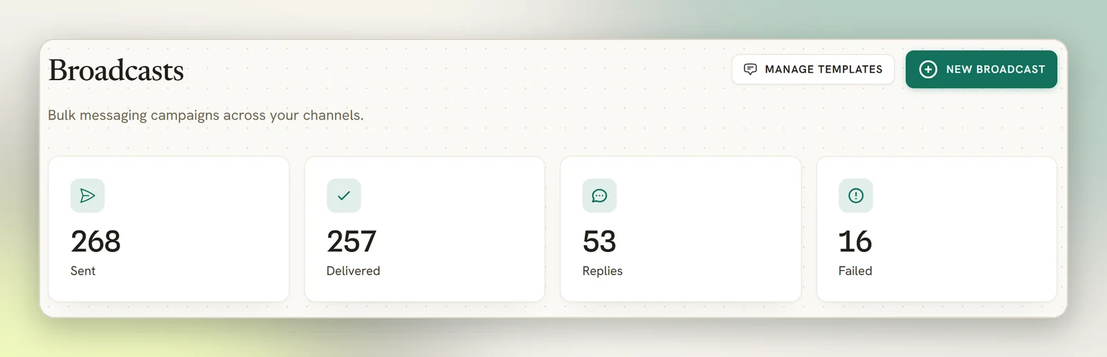 The Broadcasts page with the Sent, Delivered, Replies and Failed totals cards