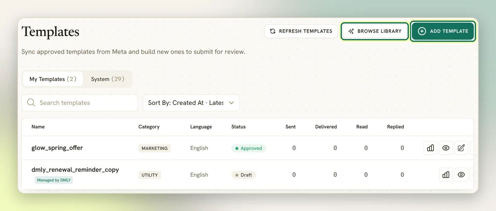 The Templates page on a WhatsApp channel listing templates with their category, status and counts, with Browse library and Add template highlighted