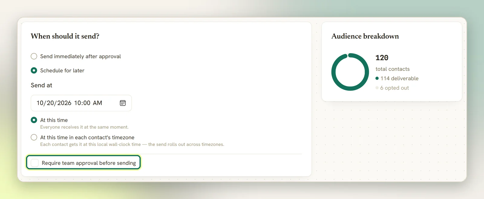 The Schedule step with the Require team approval before sending checkbox highlighted