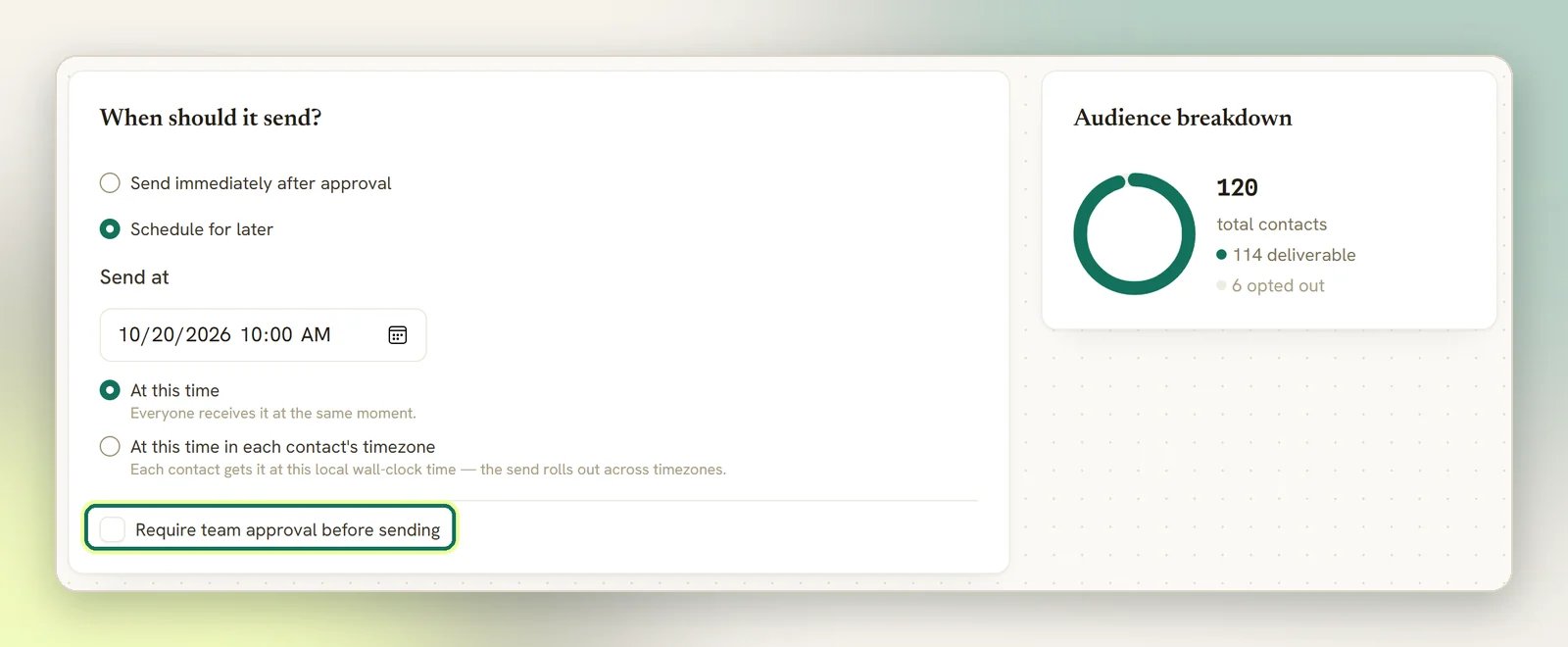 The Schedule step with the Require team approval before sending checkbox highlighted