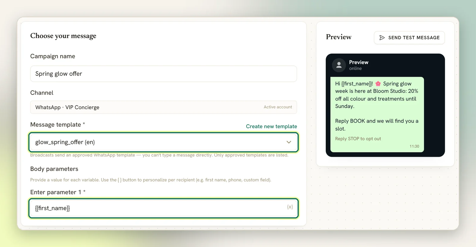 The Message step on WhatsApp with a campaign name, the read-only channel, an approved template chosen and a first_name token in Enter parameter 1, with the preview on the right