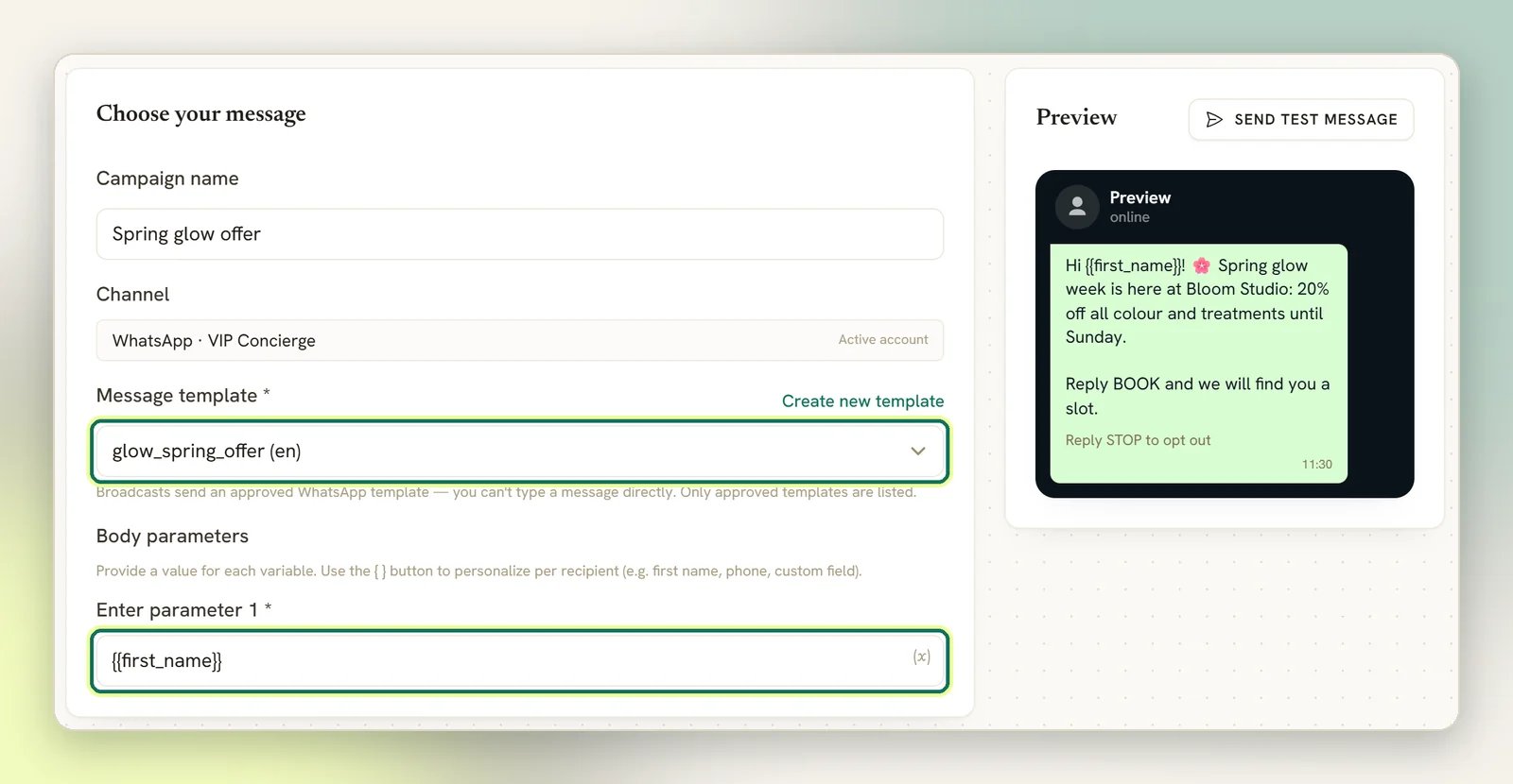 The Message step on WhatsApp with a campaign name, the read-only channel, an approved template chosen and a first_name token in Enter parameter 1, with the preview on the right