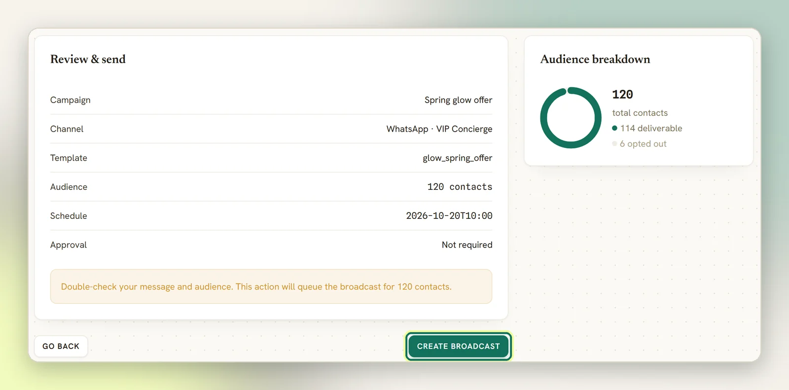The Review and send step summarising the campaign, channel, template, audience, schedule and approval, with the Create broadcast button highlighted