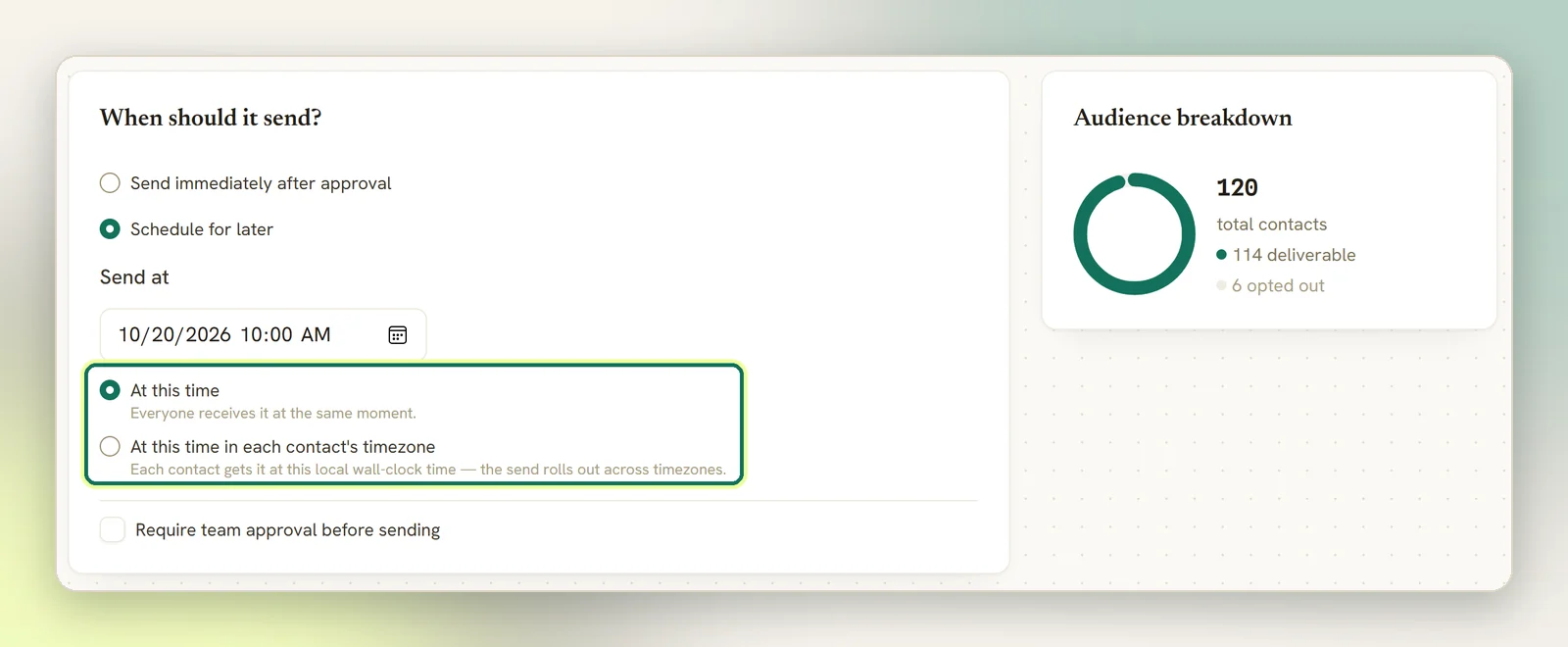 The Schedule step with Schedule for later chosen, a Send at date and time filled in, and the At this time and contact timezone options highlighted, with the Audience breakdown beside it