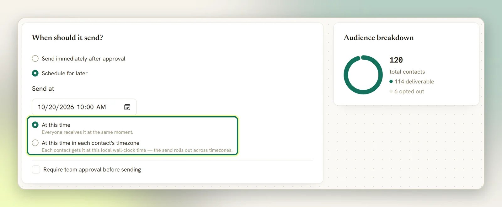 The Schedule step with Schedule for later chosen, a Send at date and time filled in, and the At this time and contact timezone options highlighted, with the Audience breakdown beside it