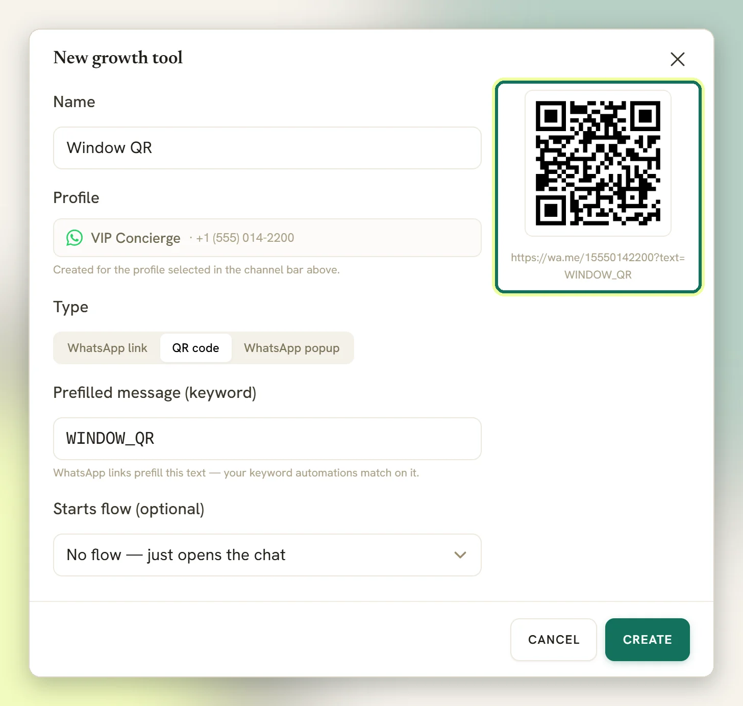 The New growth tool window for a QR code, with the QR preview and its WhatsApp destination link highlighted
