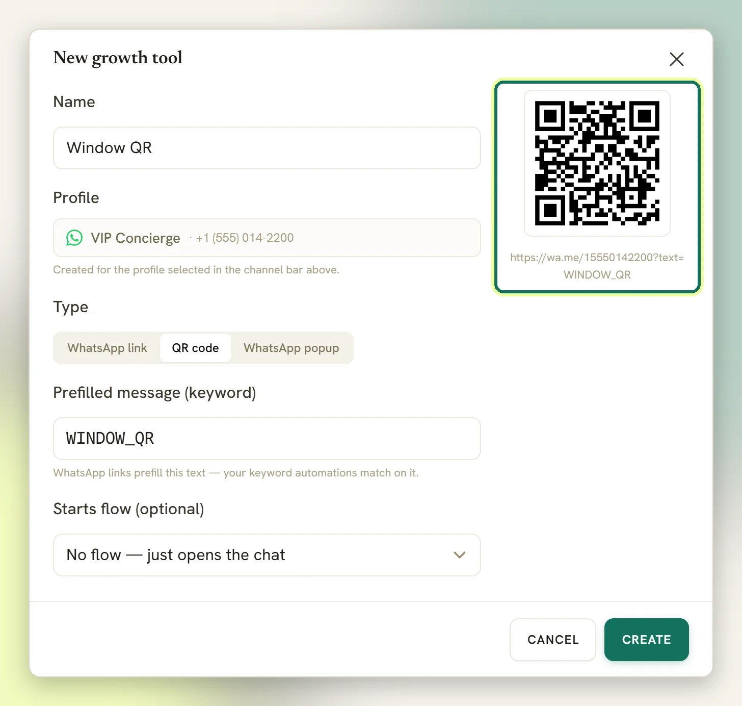 The New growth tool window for a QR code, with the QR preview and its WhatsApp destination link highlighted
