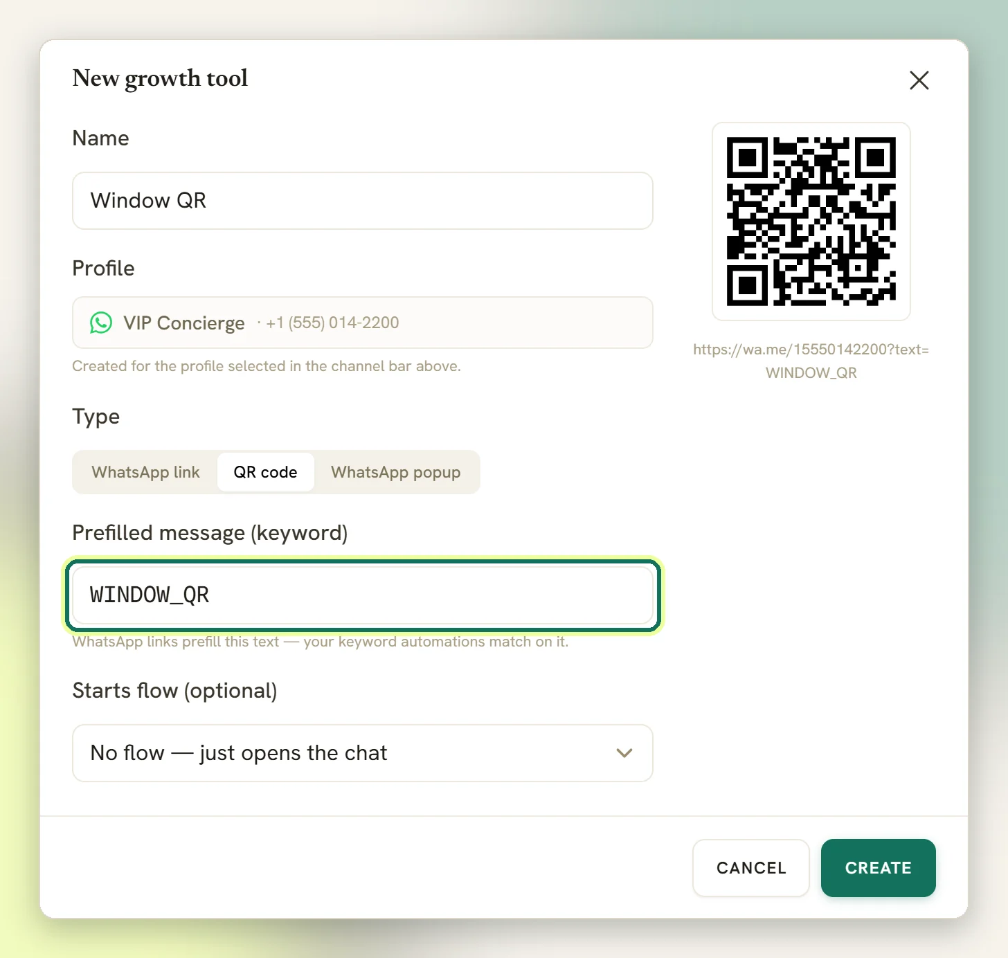 The New growth tool window with the Prefilled message (keyword) field highlighted, filled in from the tool's name