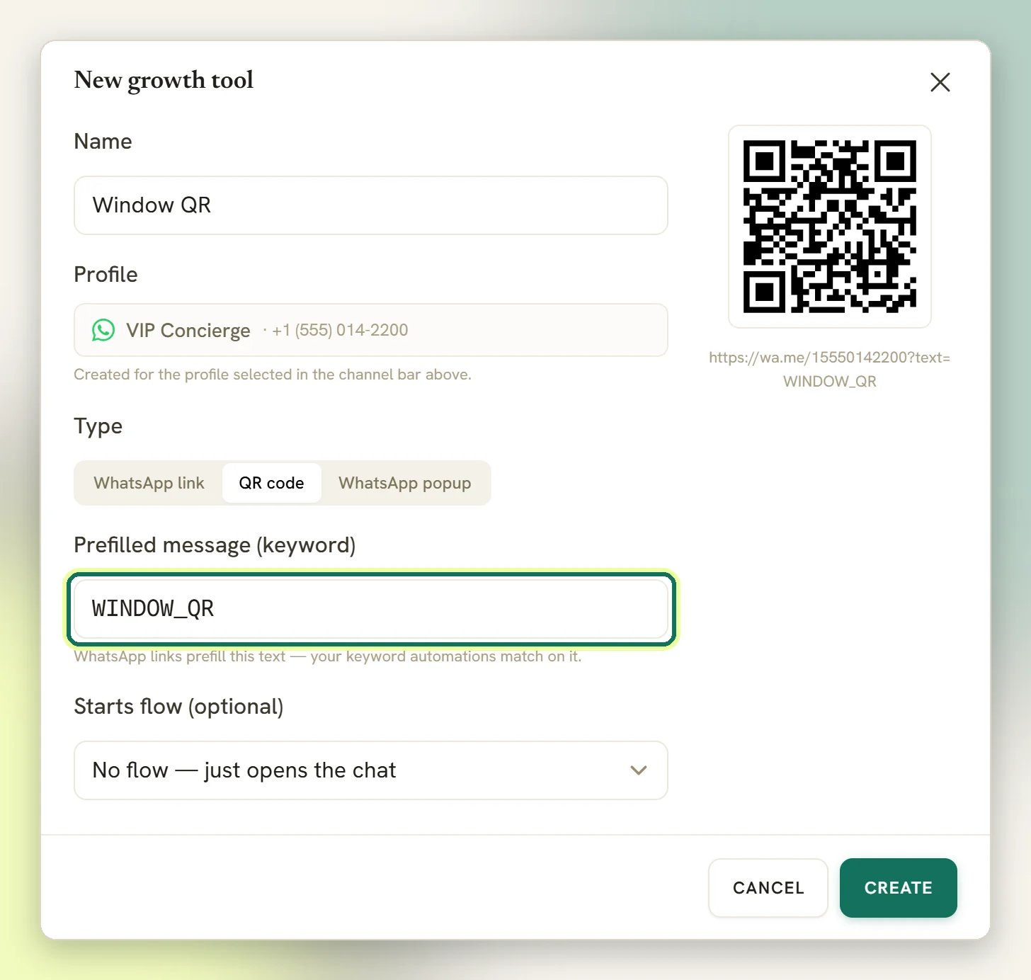 The New growth tool window with the Prefilled message (keyword) field highlighted, filled in from the tool's name