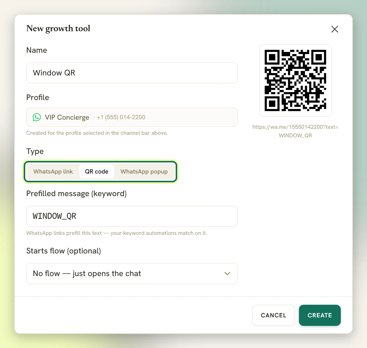 The New growth tool window with a name, the WhatsApp profile, and the Type choice of WhatsApp link, QR code and WhatsApp popup highlighted, with QR code selected