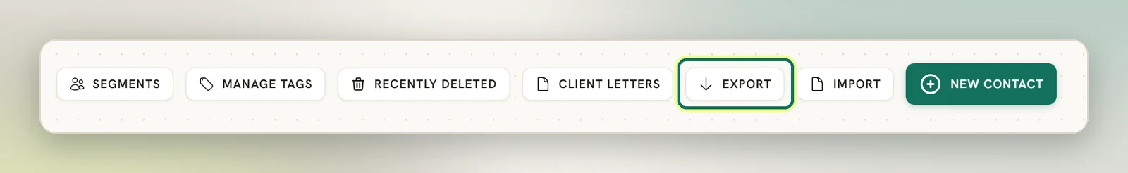 The Contacts toolbar with the Export button highlighted between Client letters and Import