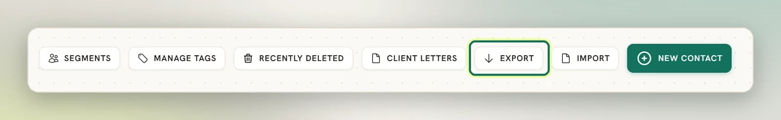 The Contacts toolbar with the Export button highlighted between Client letters and Import