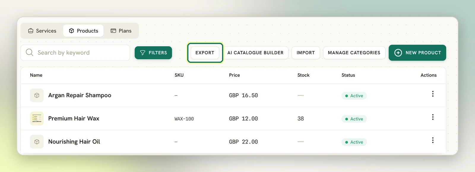 The Products tab of Offerings with the Export button highlighted in the toolbar