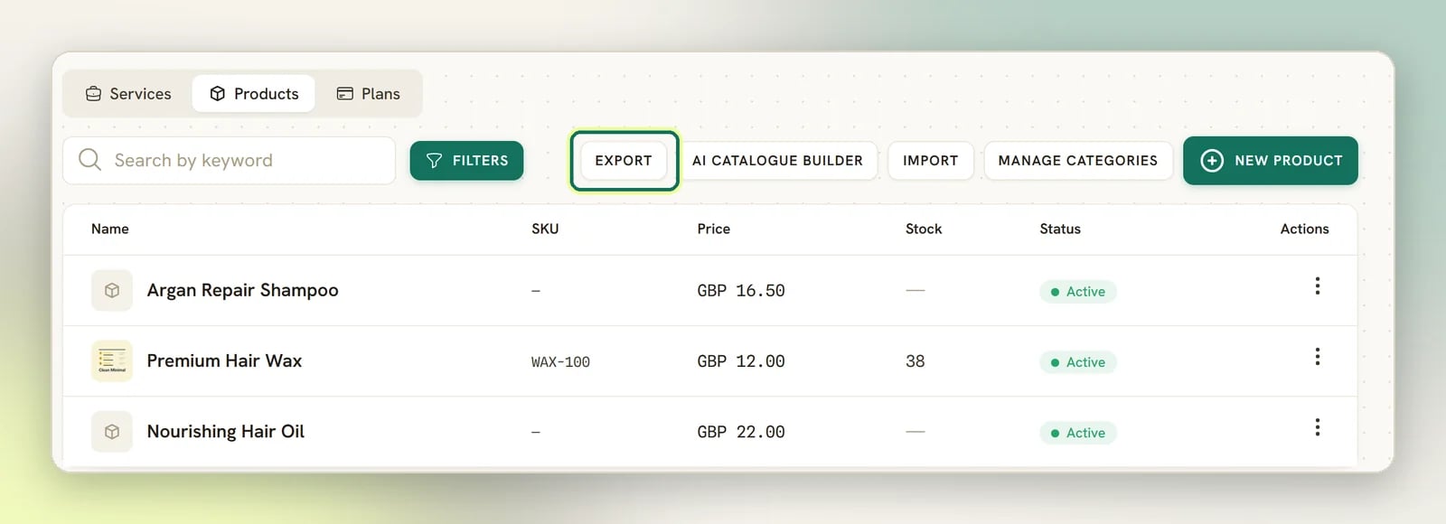 The Products tab of Offerings with the Export button highlighted in the toolbar