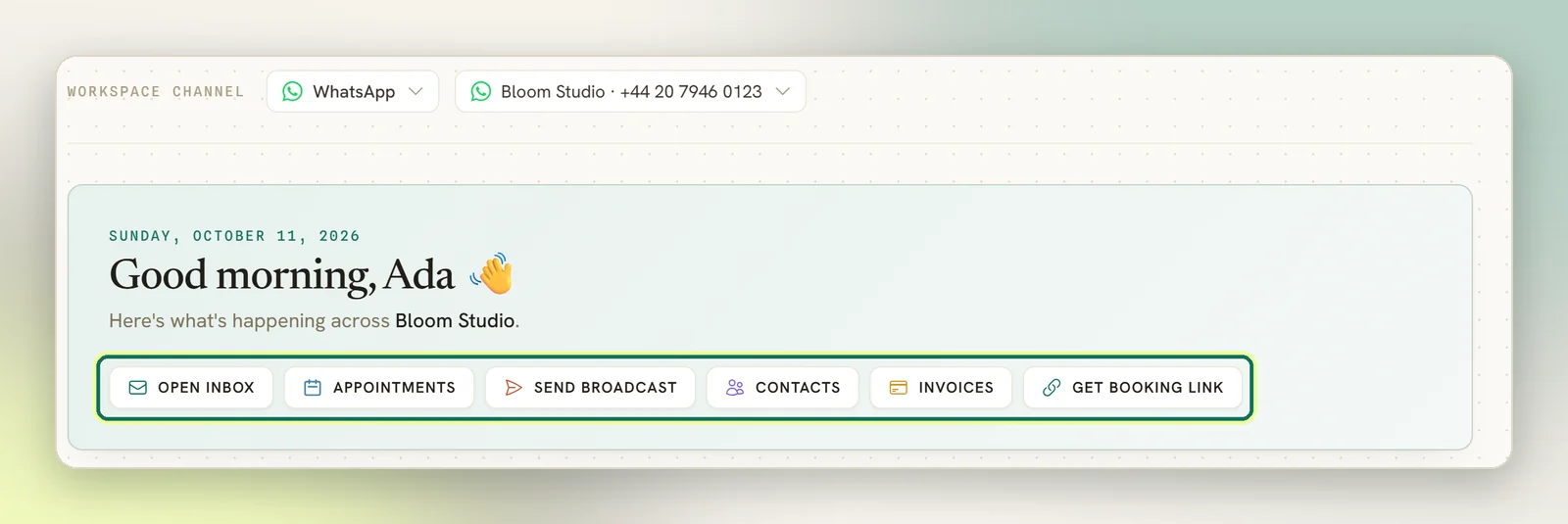 The top of Overview with the channel selector, the greeting for Bloom Studio and the row of shortcut buttons highlighted