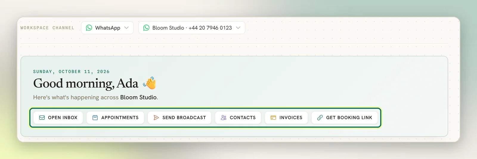 The top of Overview with the channel selector, the greeting for Bloom Studio and the row of shortcut buttons highlighted