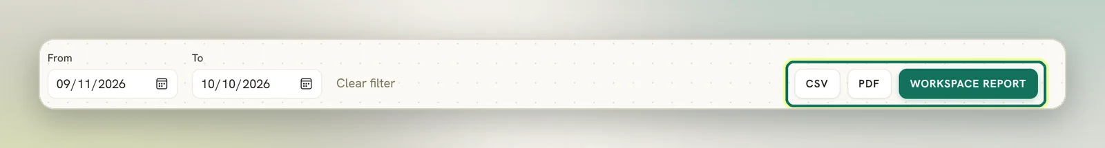 The date filter on a Reports tab with the CSV, PDF and Workspace report buttons highlighted on the right