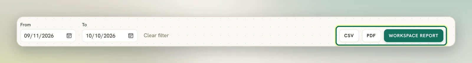 The date filter on a Reports tab with the CSV, PDF and Workspace report buttons highlighted on the right