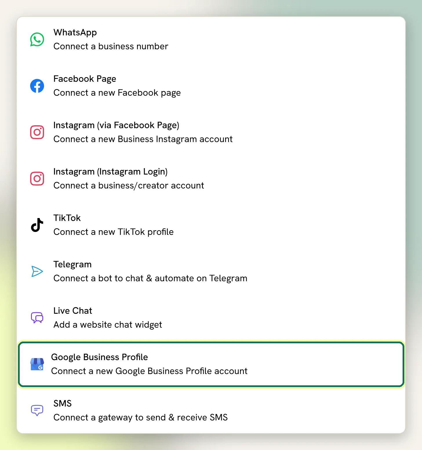 The Add account list with the Google Business Profile option highlighted