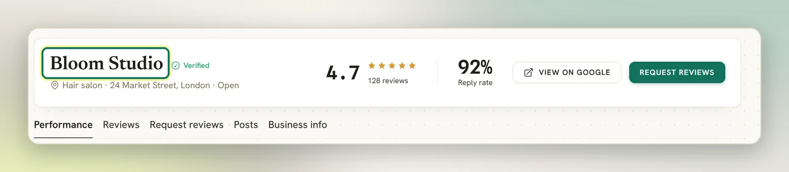 The Reputation header after connecting, showing the business name Bloom Studio highlighted with its Verified badge, category, address, rating and reply rate