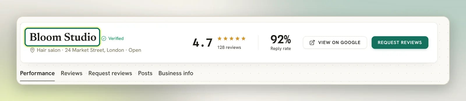 The Reputation header after connecting, showing the business name Bloom Studio highlighted with its Verified badge, category, address, rating and reply rate