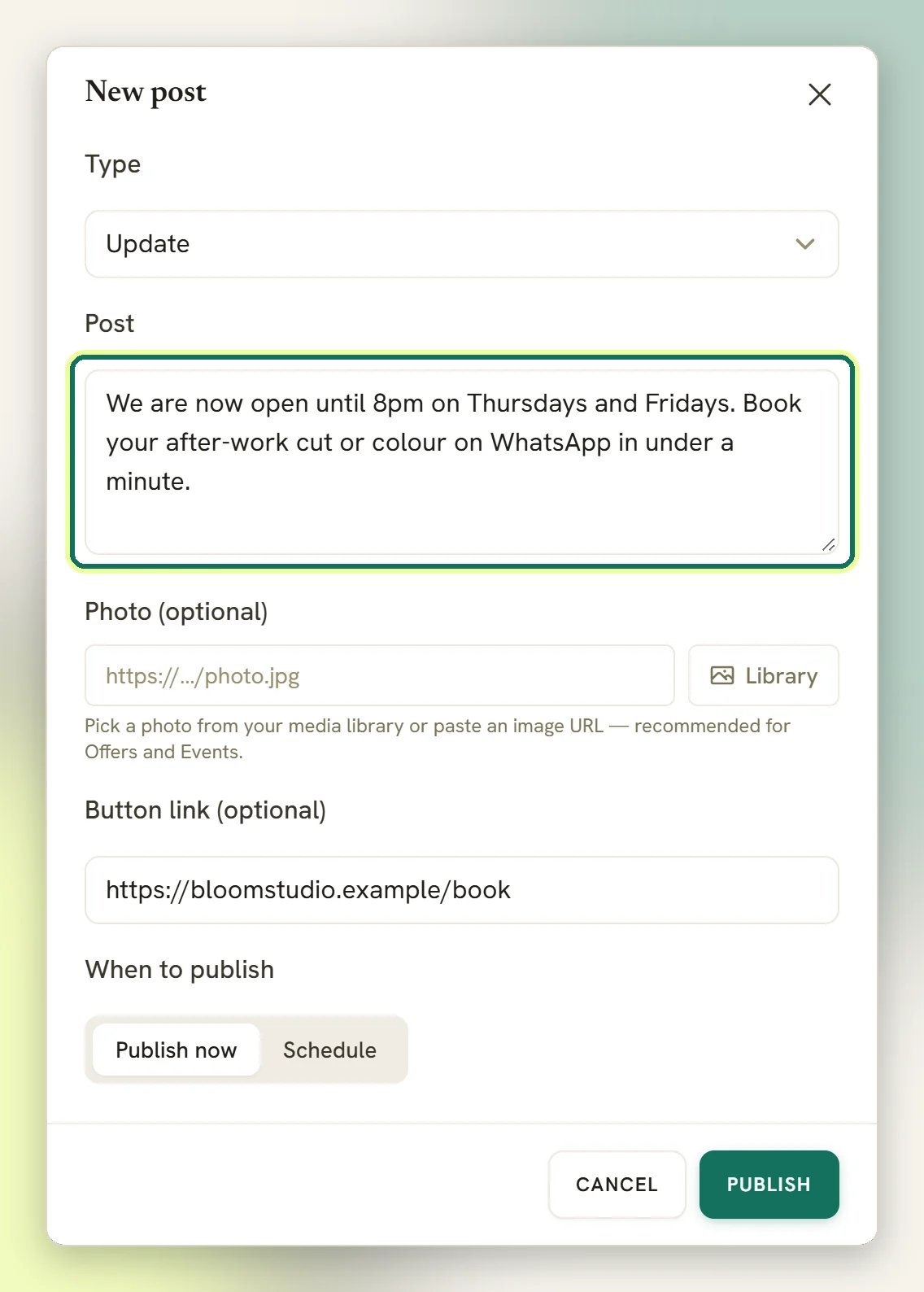 The New post window with the Post box highlighted and filled with a sample update, plus Photo, Button link and When to publish