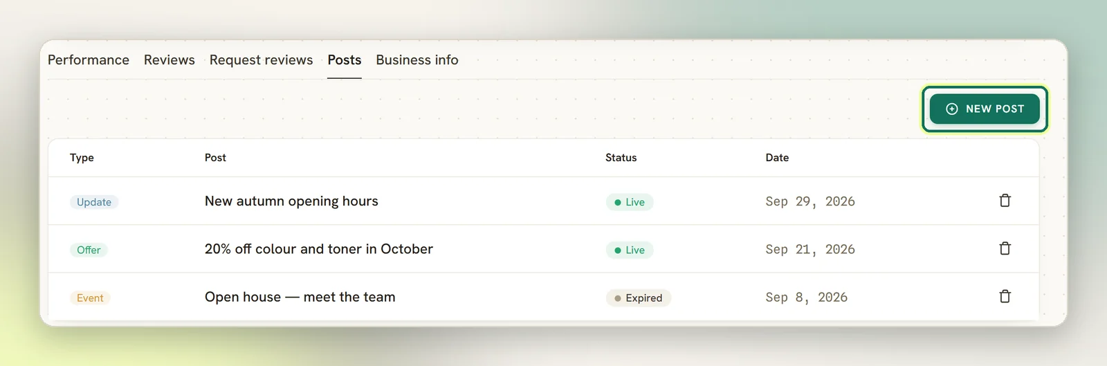 The Posts tab listing an update, an offer and an expired event, with the New post button highlighted
