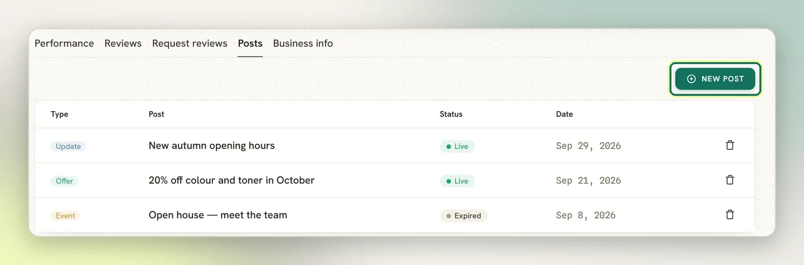 The Posts tab listing an update, an offer and an expired event, with the New post button highlighted