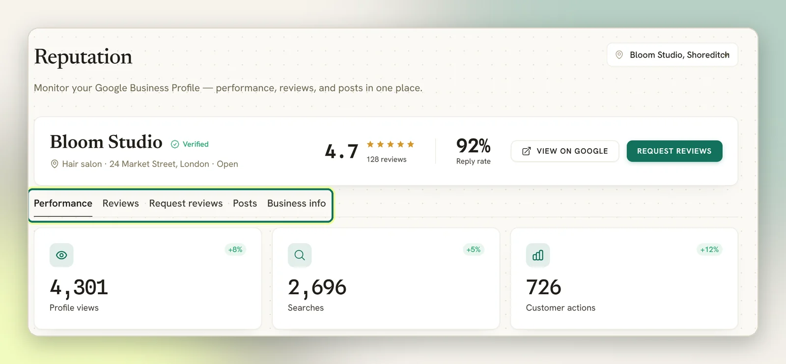The Reputation page for Bloom Studio with its rating and reply rate, and the Performance, Reviews, Request reviews, Posts and Business info tabs highlighted