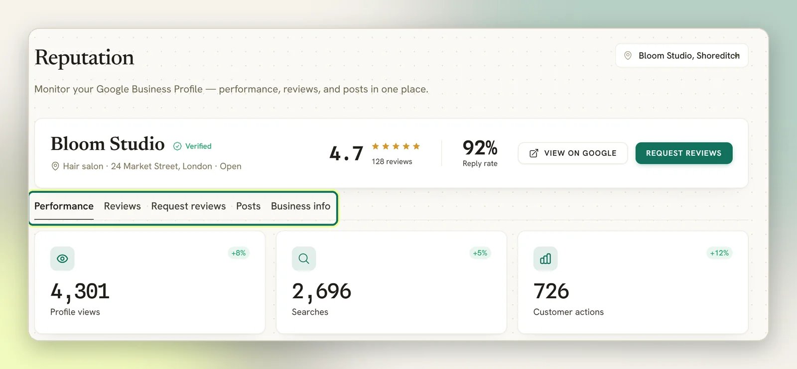 The Reputation page for Bloom Studio with its rating and reply rate, and the Performance, Reviews, Request reviews, Posts and Business info tabs highlighted