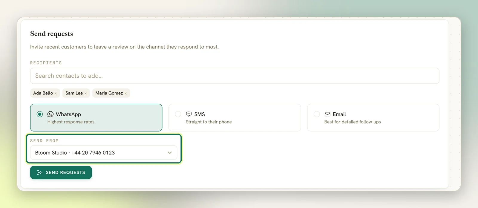 The Send requests panel with the Send from picker highlighted, set to a Bloom Studio WhatsApp number