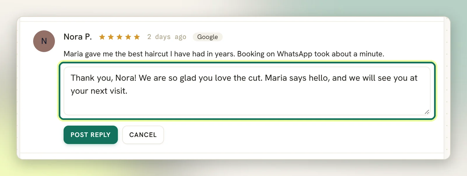 A review with the public reply box open and highlighted, a sample thank-you reply typed in, above the Post reply and Cancel buttons