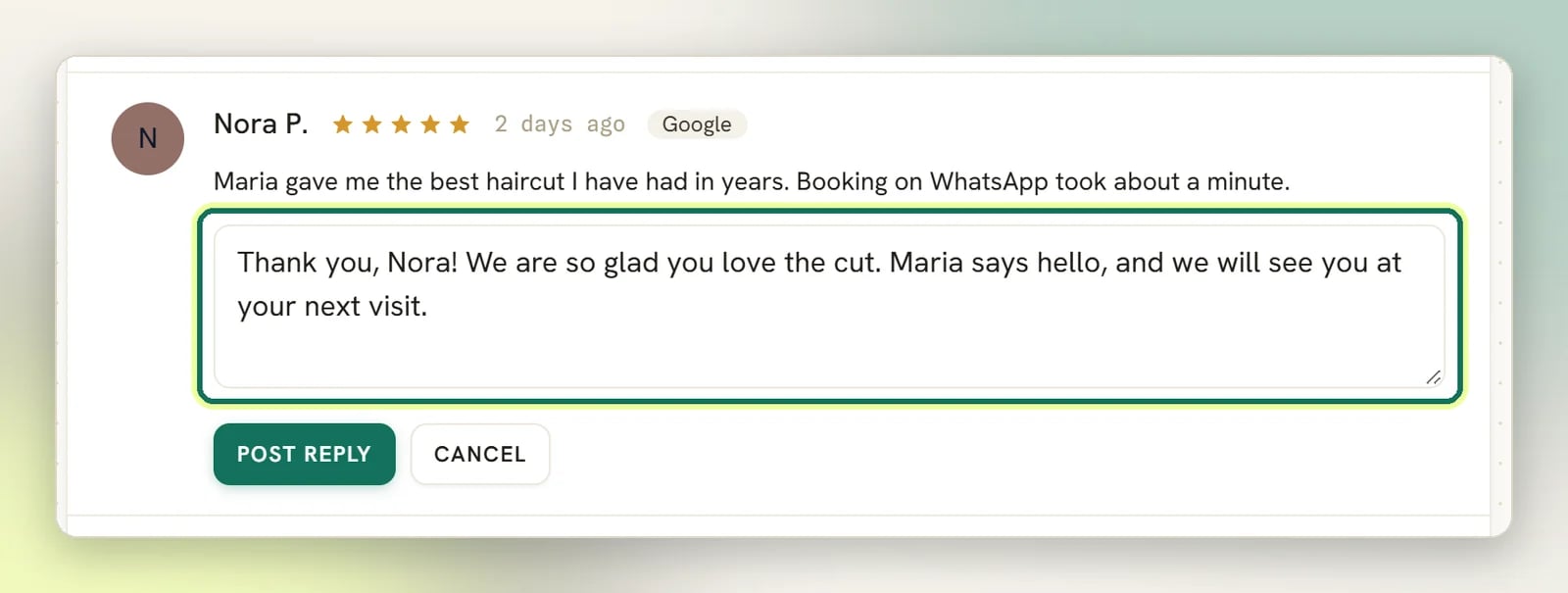 A review with the public reply box open and highlighted, a sample thank-you reply typed in, above the Post reply and Cancel buttons