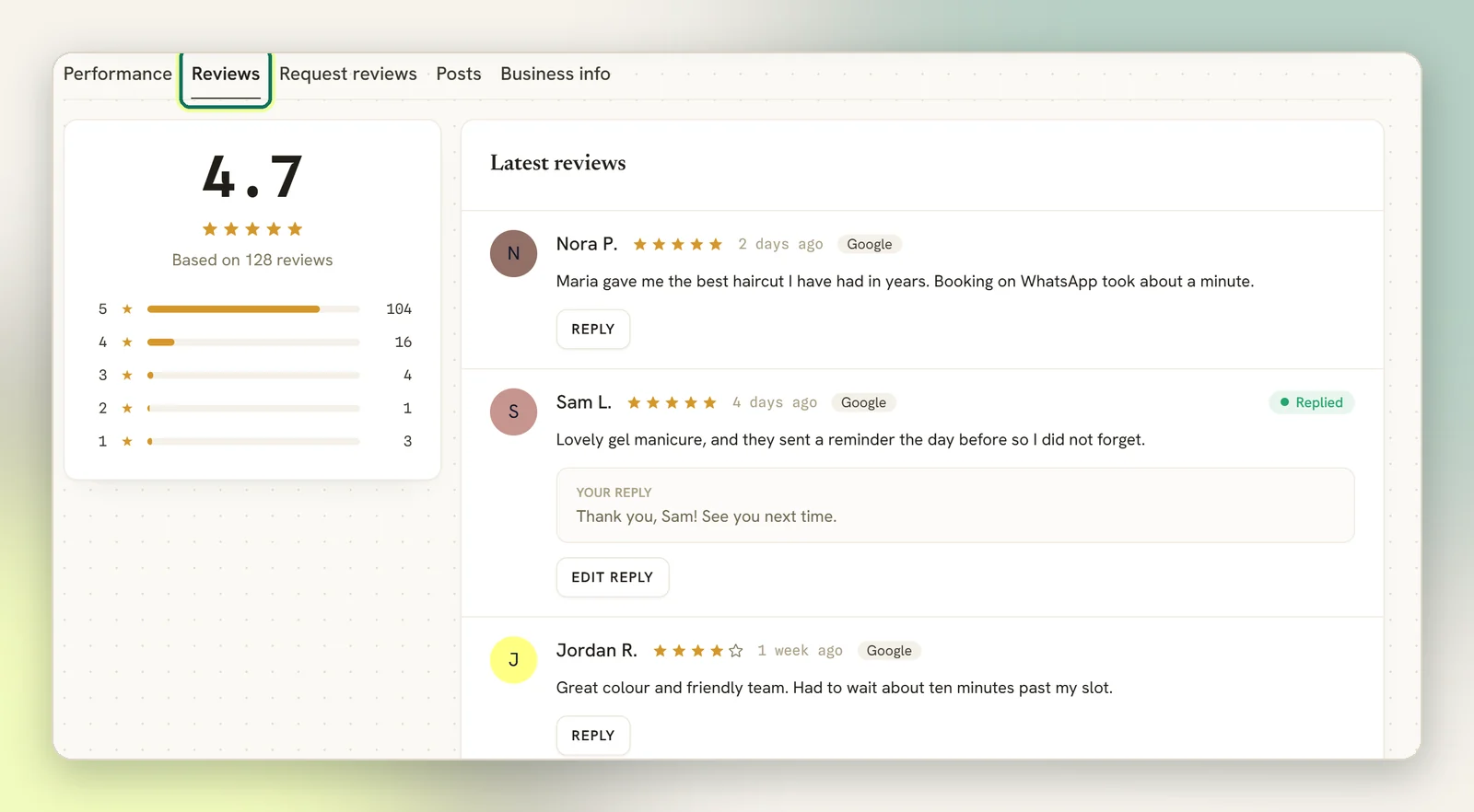 The Reviews tab with the 4.7 average, the star breakdown and the Latest reviews list showing replied and unreplied reviews