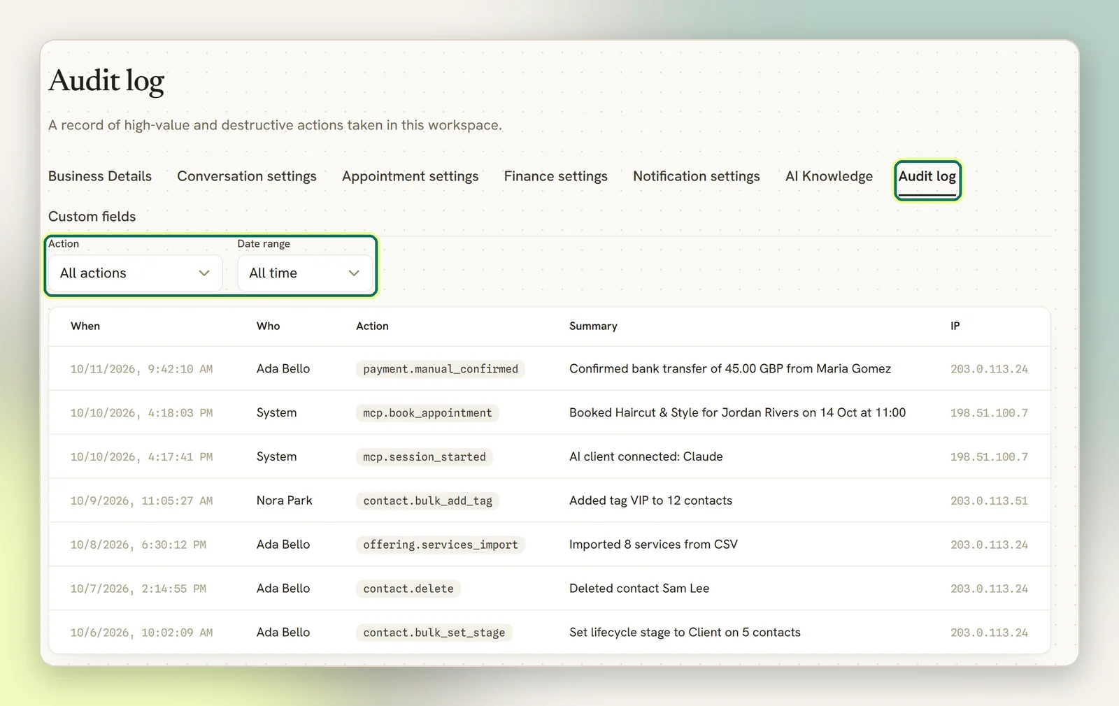 The Audit log tab with the Action and Date range filters highlighted above a list of entries showing when, who, the action code, a summary and the IP address
