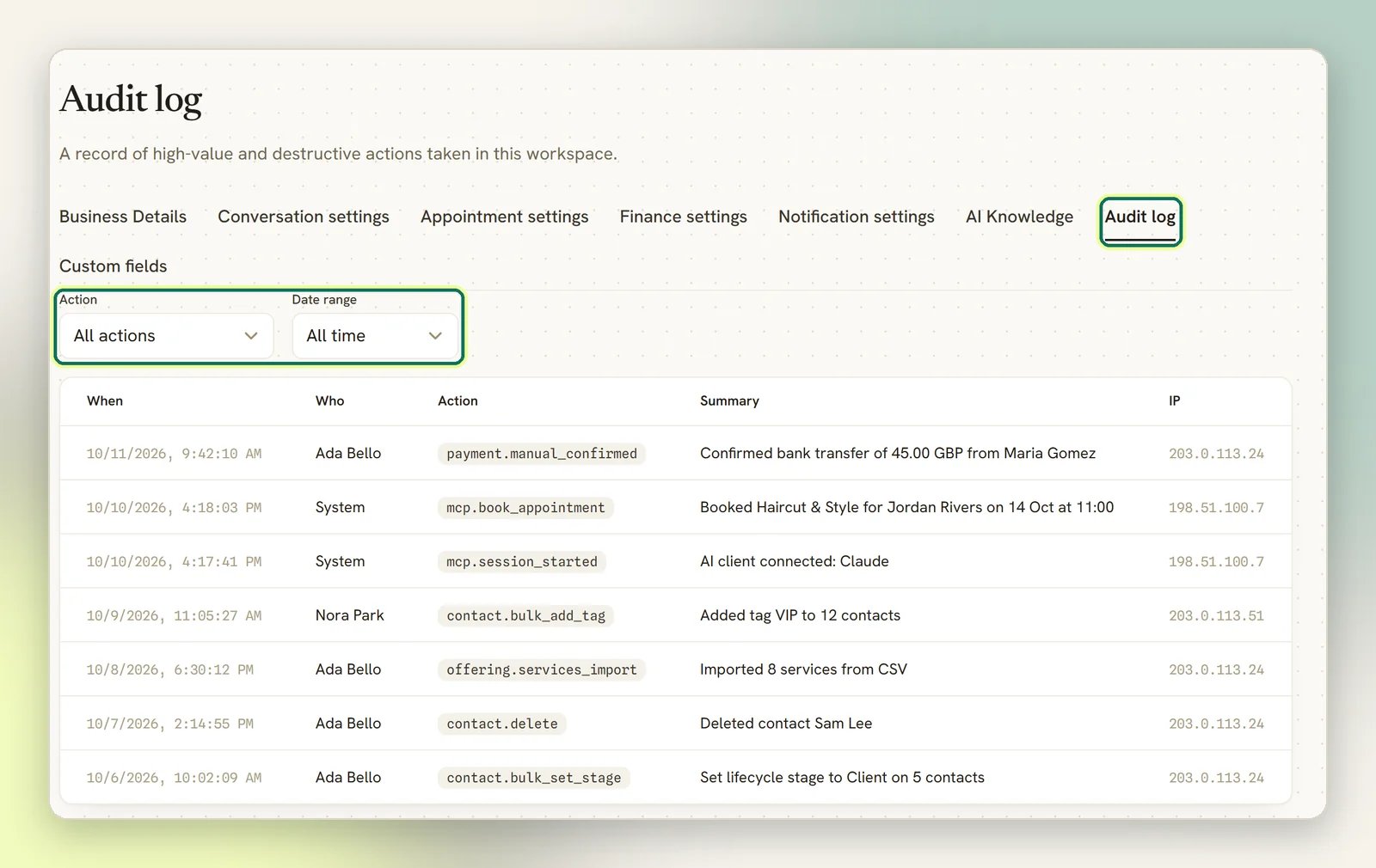 The Audit log tab with the Action and Date range filters highlighted above a list of entries showing when, who, the action code, a summary and the IP address