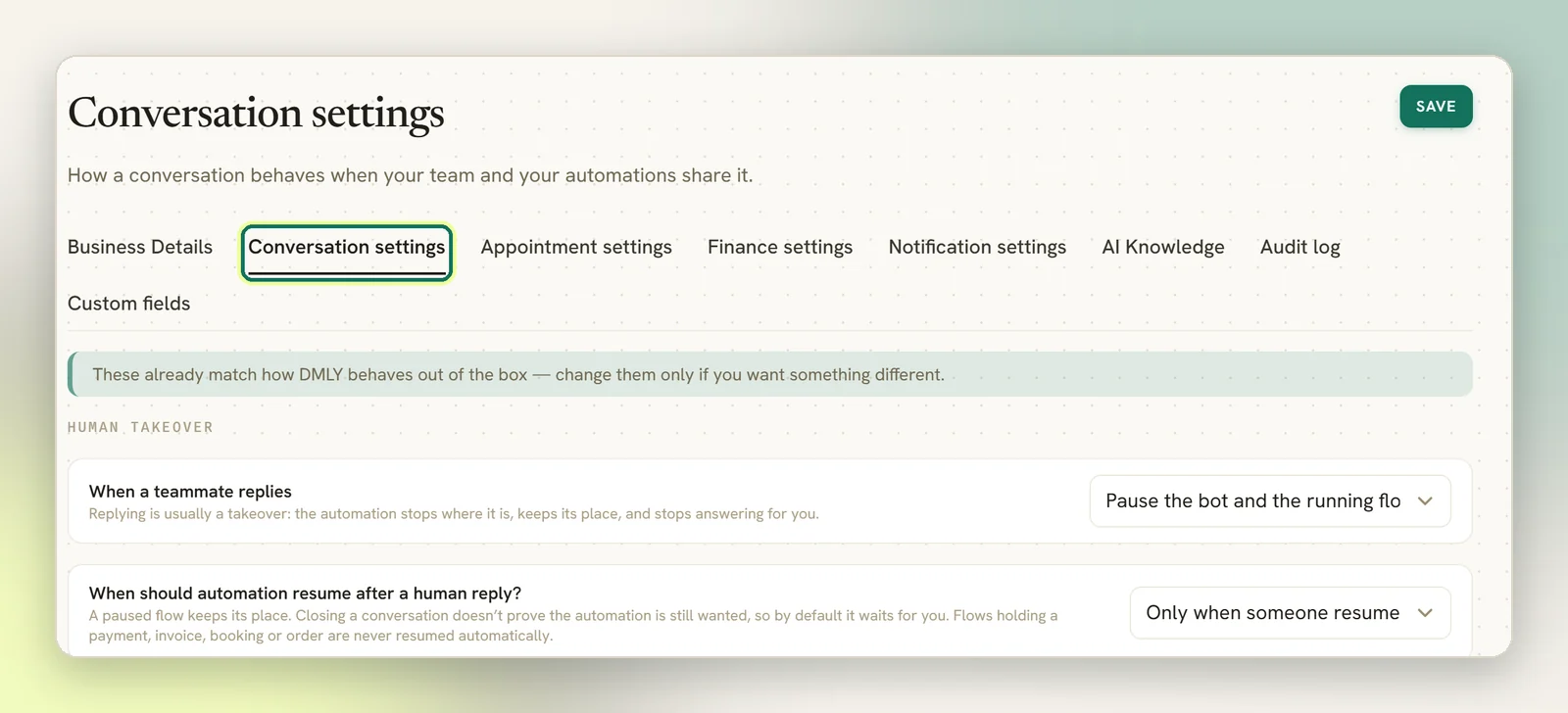 The Conversation settings tab, highlighted in the Settings tab strip, with the out of the box banner and the Human takeover settings