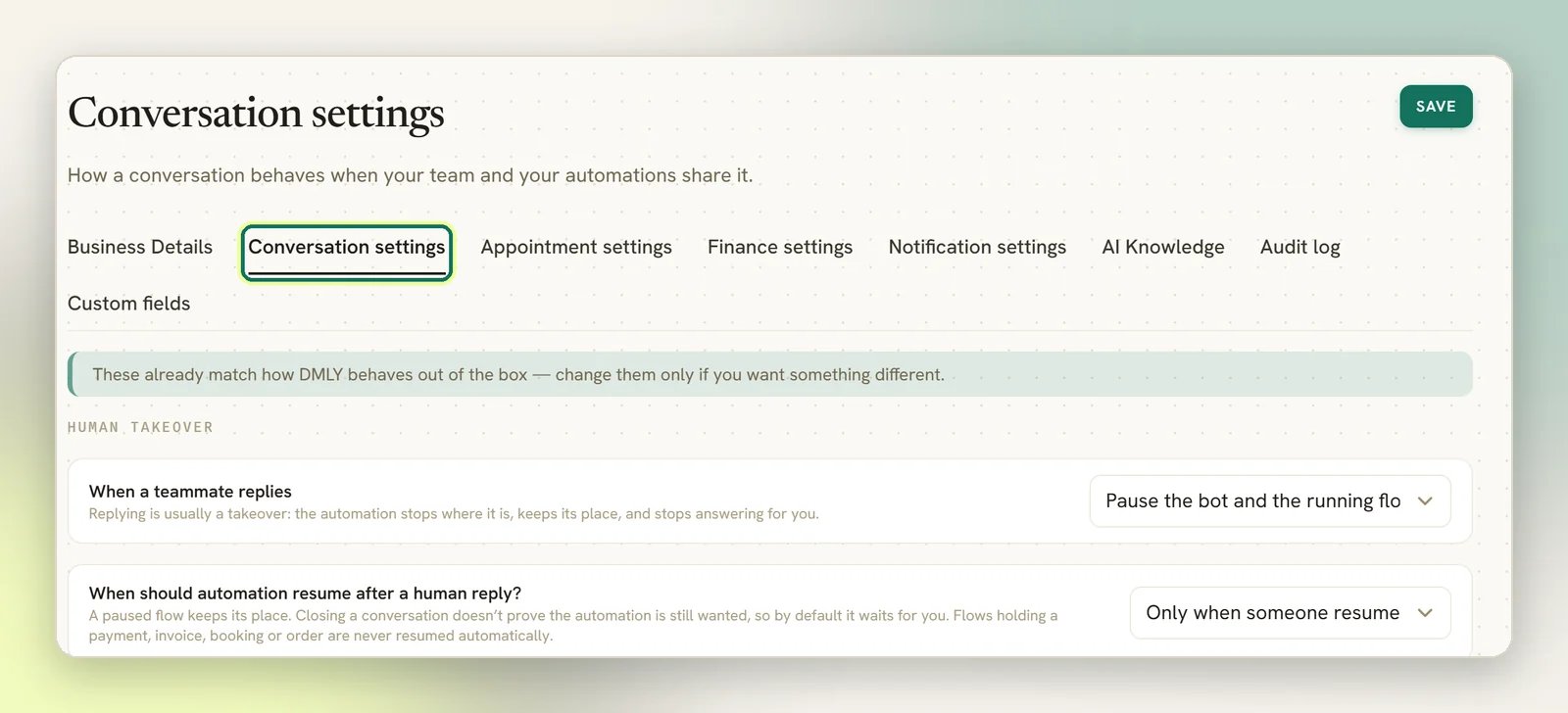 The Conversation settings tab, highlighted in the Settings tab strip, with the out of the box banner and the Human takeover settings