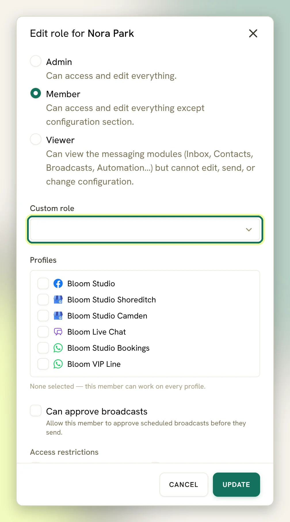 The Edit role window for a member with the Admin, Member and Viewer base roles, the Custom role dropdown highlighted, and the Profiles list