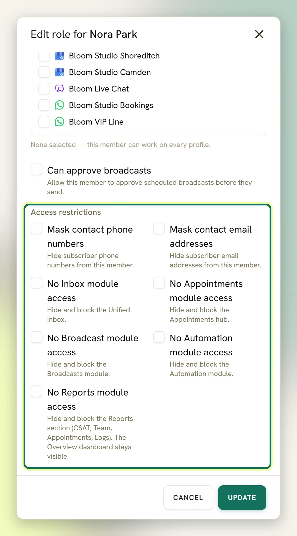 The Edit role window for a member, scrolled to the Profiles list, Can approve broadcasts and the Access restrictions checkboxes, which are highlighted