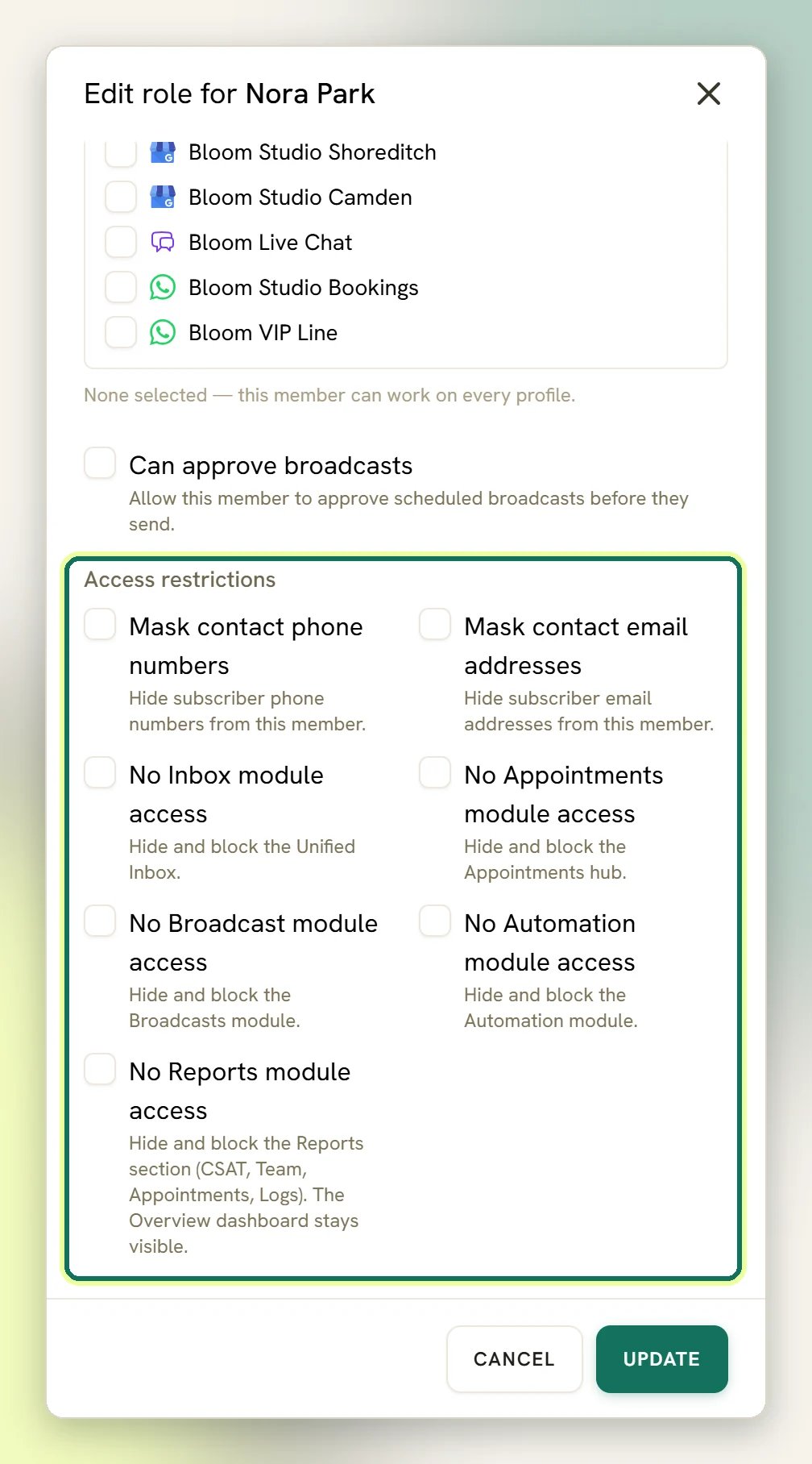 The Edit role window for a member, scrolled to the Profiles list, Can approve broadcasts and the Access restrictions checkboxes, which are highlighted